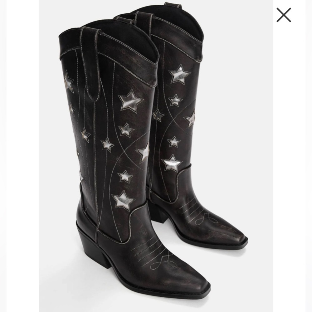 Pull&Bear Heeled Cowgirl Boots with Star Embroidery